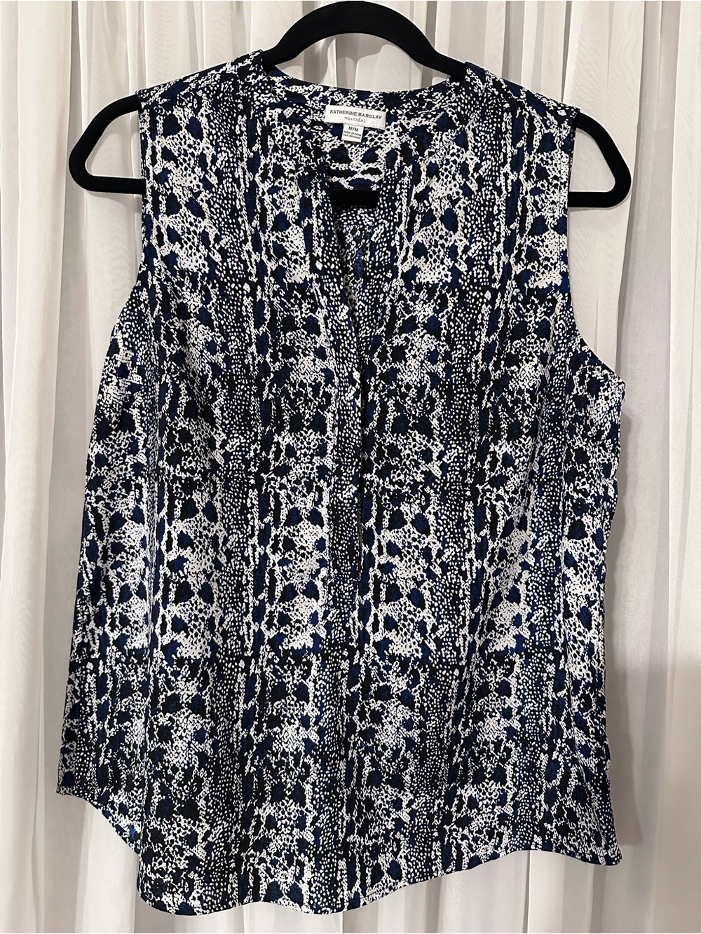 Katherine Barclay Blue Black White Sleeveless Printed 1/2 button Tank Top Size M